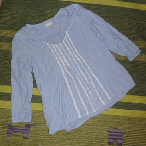 Aerie blue white pinstripe button lace blouse top